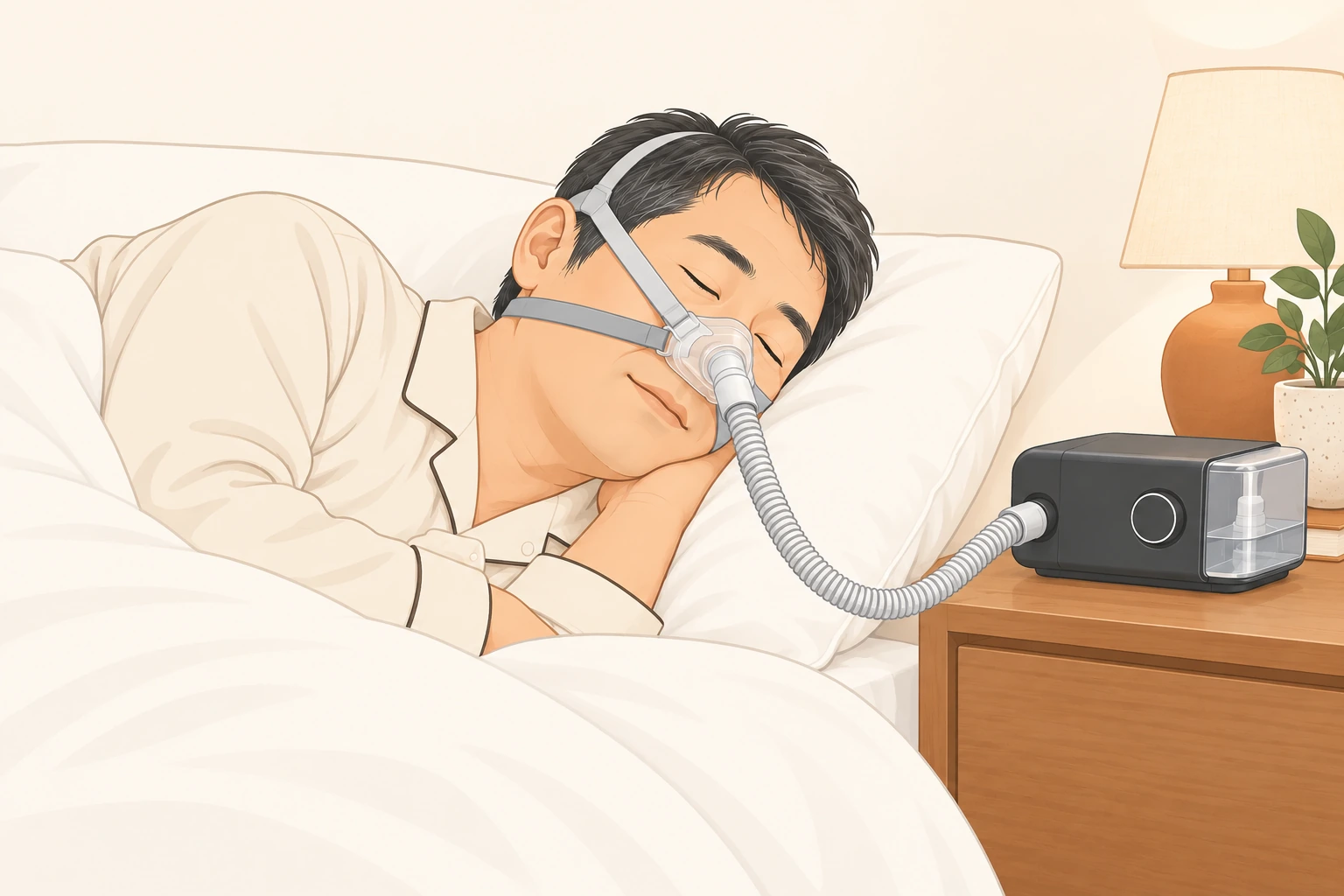 CPAP療法で睡眠中の呼吸を支えるイメージイラスト
